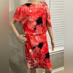 Josie Natori Vibrant Silk Red and Black Floral Abstract Dress Vintage Beauty
